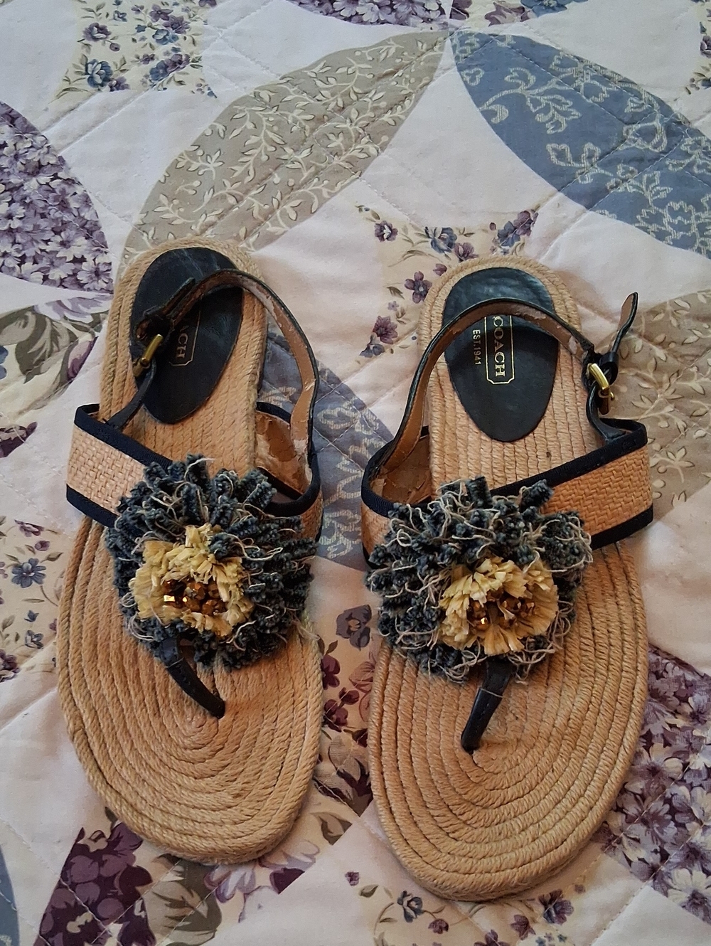 Coach Beige and Navy Floral Rope Sandals. Size 10B